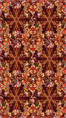 3D çiçekler, eskiz. Kahverengi ve kırmızı renklerde. Raster illüstrasyonu.