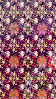 Küçük mor, bej, çiçek desenli oldukça eski bir bez çanta deseni. Tekstil, kumaş, kapaklar, duvar kağıtları, baskı, naylon, yapıştırma, örgü, dekupaj için çiçeksiz arkaplan. Millefleurlar.