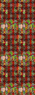 Raster illüstrasyonu. Kırmızı ve kahverengi renkli Asya tekstili. Suluboya çiçekli çiçek deseni.