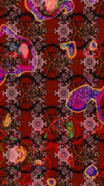 In asian textile style. Raster illustration. Flowers on brown and red colors. Flat Flower Elements Design. Sketch flowers pattern. Colour Spring Theme sketch pattern Background.