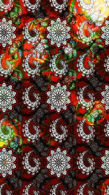 Güzel, parlak, pürüzsüz kumaş, tuval. Raster illüstrasyonu. Kıvırcık, parlak örgü. Çiçek çelengi. Desen, çizim, çiçek sınırı. Klasik eski arkaplan.