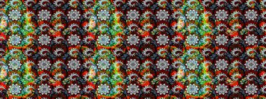 Çiçek desenli çizim. Siyah ve kırmızı renkte çiçekler. Düz Çiçek Elementleri Tasarımı. Raster illüstrasyonu. Renkli Bahar Teması eskiz kalıbı. Asya tekstil tarzında.