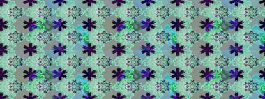 Raster - stok. Yapraklı çiçekler ve mavi ve nötr renklerde papatya çiçekleri. Kusursuz arkaplan deseni.