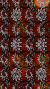 Eskiz geçmişi. Renkli desenli eskiz deseni, kahverengi ve gri çiçekler ve dekoratif elementler. Eski usul. Raster illüstrasyonu. Kumaş, tekstil ve duvar kağıdı baskısı için..