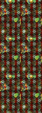 Raster Floral Illustration in asian textile. Elegance sketch pattern with ethnic flowers on green and red colors.