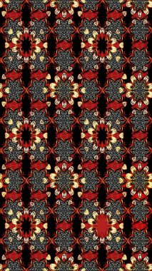 Çiçek desenli çizim. Raster illüstrasyonu. Siyah ve kırmızı renklerde Asya tekstili.