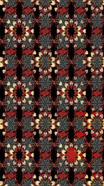 Parlak renkli çiçekleri ve siyah ve kahverengi renkte yaprakları olan harika bir çiçek deseni. Moda baskıları için zarif bir şablon. Modern çiçek arkaplanı. Halk stili.