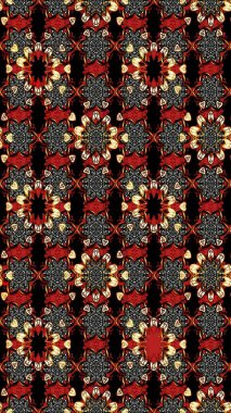 Renkli desenli eskiz deseni, siyah ve kırmızı çiçekler ve dekoratif elementler. Eskiz geçmişi. Raster illüstrasyonu. Kumaş, tekstil, duvar kağıdı baskısı için. Antika retro tarzı.