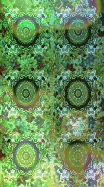 Yeşil ve nötr renklerde çiçekler. Kumaş desenli papatya çiçekleri ayrıntıları.