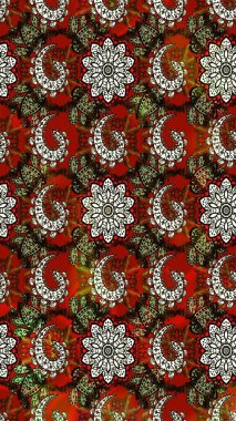 Kahverengi ve kırmızı renkte etnik çiçeklerle süslenmiş zarif bir eskiz şekli. Raster Çiçek İllüstrasyon Şirin Tekstil.