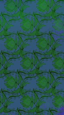 Çiçeksel çizim kalıbının yansıması. Vadinin çiçekleri yeşil ve mavi renklerde.