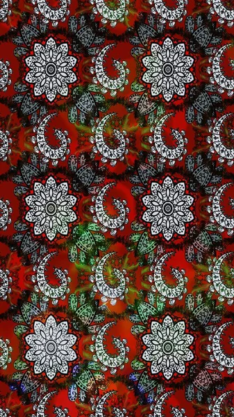 1950-1960 motifleri. El çizimi çiçek unsurları olan soyut çizim raster deseni. Retro tekstil tasarım koleksiyonu. Çiçekli ipek eşarp. Gri ve kırmızı üzerine gri ve kırmızı.