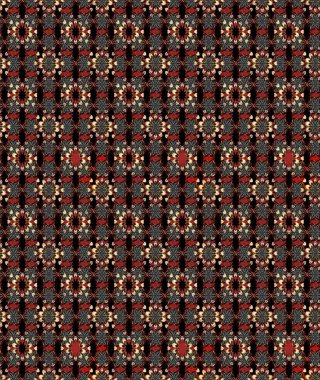 Kumaş desenli papatya çiçeği detayı. Siyah ve kahverengi renkte çiçekler.