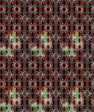 Çiçek desenli çizim. Raster illüstrasyonu. Asya tekstil tarzında. Siyah ve kahverengi renkte çiçekler. Raster illüstrasyonu.