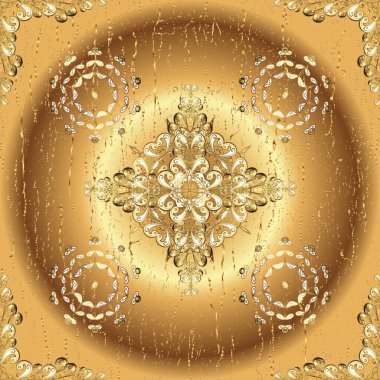 Kusursuz altın desen. Altın çiçekli süs brokar deseni, beyaz karalamalar. Altın elementli bej ve kahverengi renkler. Çiçek desenli metal..