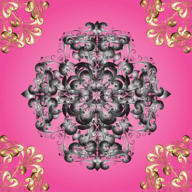 Noel, kar tanesi, yeni yıl. Pembe ve gri renklerde, altın elementlerle ve beyaz karalamalarla kusursuz klasik desen..