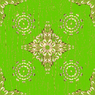 Çiçek kiremitleri. İslam tasarımı. Vektör altın tekstil izi. Yeşil ve bej renklerde altın desenli altın elementler. Kusursuz desenli oryantal süs.