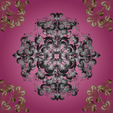 Lüks, kraliyet ve Viktorya dönemi konsepti. Pembe ve gri renklerdeki altın desenli altın elementler. Süslü dekorasyon. Vector vintage barok çiçeksiz altın desenli.