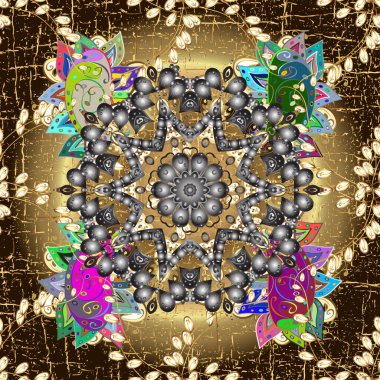 Kusursuz klasik altın desen. Çiçek süsü kumaş deseni, cam, çiçek desenli metal kahverengi ve gri renklerde altın elementler..