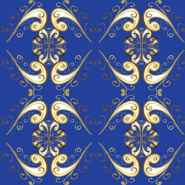 Paisleys zarif çiçek desenli arka plan duvar kâğıdı illüstrasyonlu güzel, modern 3D çizgili sanat eseri altın ve mavi ve bej desenli desenli çiçekler, karalamalar, yapraklar ve süsler..