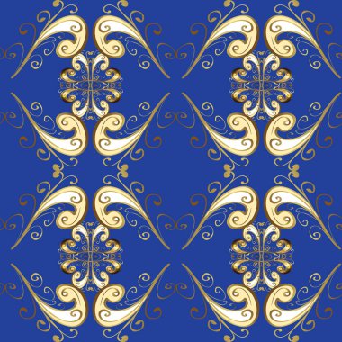 Vektör doğu süsü. Kusursuz altın desen. Mavi ve bej renklerde, altın elementlerle ve beyaz karalamalarla kusursuz desen.