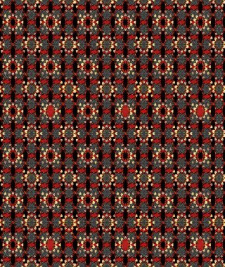 Çiçek desenli çizim. Raster illüstrasyonu. Siyah ve kırmızı renklerde Asya tekstili.