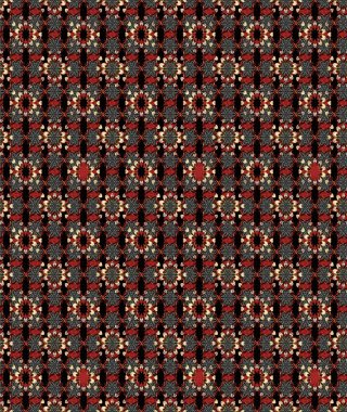 Nakış desenli çiçek deseni. Renkli grunge, soyut arka planda koyu siyah ve kırmızı çiçeklerle zenginleşir. İzler, kumaş, duvar kağıtları, tekstil için raster dokusu.