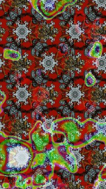 Raster illüstrasyonu. Çiçek desenli çizim. Kırmızı ve kahverengi renkli Asyalı tekstil.