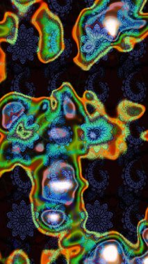 Siyah ve yeşil renkte etnik çiçeklerle süslenmiş zarif bir eskiz şekli. Asya Tekstil 'inde Raster Çiçek İllüstrasyonu.