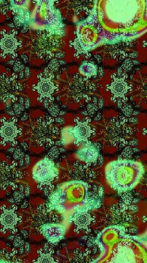 Çiçekli ipek eşarp. Yeşil ve kahverengi, yeşil ve kahverengi. Retro tekstil tasarım koleksiyonu. El çizimi çiçek unsurları olan soyut çizim raster deseni. 1950 'ler-1960' lar motifleri.