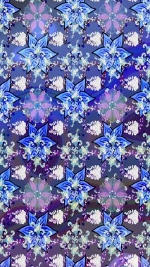 Raster illüstrasyonu. Nazikçe, mavi ve mor renkte yaz çiçekleri. Küçük çiçekteki sevimli çiçek deseni. Raster deseni.