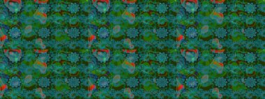 Çiçekli karalama şeklinde Raster çiçek deseni. Yumuşak, bahar çiçekli arka plan. Yeşil ve mavi renkte çiçekler.