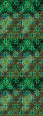 Çiçekli ipek eşarp. 1950-1960 motifleri. Yeşil ve mavi, yeşil ve maviye. El çizimi çiçek unsurları olan soyut çizim raster deseni. Retro tekstil tasarım koleksiyonu.