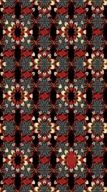 Kumaş, tekstil, duvar kağıdı baskısı için. Renkli desenli eskiz deseni, siyah ve kırmızı çiçekler ve dekoratif elementler. Eski usul. Eskiz geçmişi. Raster illüstrasyonu.