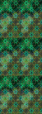 Çiçekli ipek eşarp. 1950-1960 motifleri. Yeşil ve mavi, yeşil ve maviye. El çizimi çiçek unsurları olan soyut çizim raster deseni. Retro tekstil tasarım koleksiyonu.