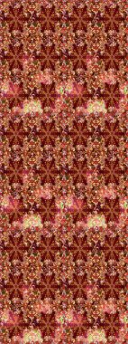 Kusursuz kraliyet lüksü, altın barok kumaş rengi. Altın antika ortaçağ dekoratifi, yapraklar ve kırmızı renklerde altın desenli süslemeleri olan pürüzsüz bir şablon..