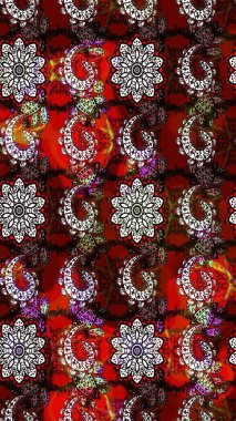 Kırmızı ve kahverengi renkler. Suluboya resim taklit Raster çizimi. Yaz çiçekleri teması. Klasik çiçekler. El çizimi soyut süslü elementler.