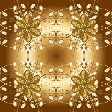 Kusursuz altın desenli bukleler. Doğu tarzı arabesk. Parlak dantel, stilize çiçekler, şal desenli. Hassas altın deseni açın. Altın elementlerle kusursuz desen. Raster illüstrasyonu.