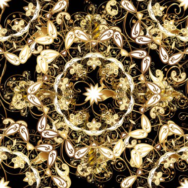 Seamless golden pattern. Golden pattern on pleasant colors with golden elements. Raster oriental ornament.