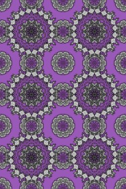 Doğu, İslam, Hintli, motifler. Düğün, tatil kartı. Etnik doku. Klasik raster dekoratif süs. Renkli. Orient, simetri danteli, kumaş. Gri, mor ve menekşe renkleri üzerine Arapça mandala deseni