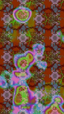 Raster illüstrasyonu. Çiçek desenli çizim. Asya tekstil tarzında. Düz Çiçek Elementleri Tasarımı. Renkli Bahar Teması eskiz kalıbı. Güzel kumaş deseni.