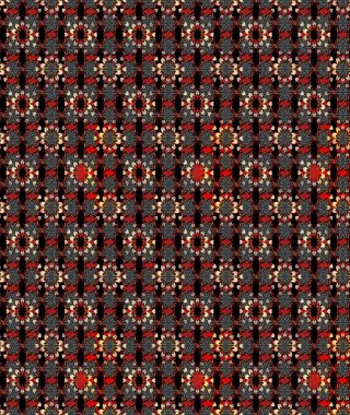 Kumaş desenli papatya çiçeği detayı. Siyah ve kırmızı renkte çiçekler.