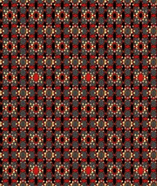 Küçük siyah ve kırmızı renkte güzel bir besin torbası deseni, çiçekler. Millefleur 'lar. Tekstil, kumaş, kapaklar, duvar kağıtları, baskı, paket, koleksiyon defteri, örgü, dekupaj için çiçek arkaplanı..