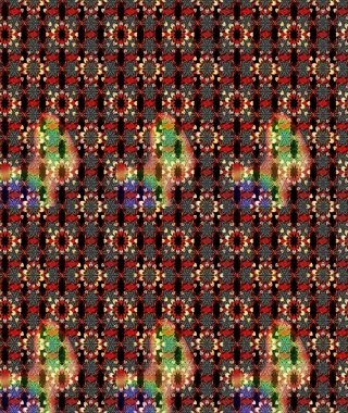 Çiçekler. Soyut etnik raster çizim kalıbı. Vadinin çiçekleri siyah ve kırmızı renklerde.