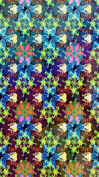 Renkli Yaz Temalı Kusursuz Arkaplan. Güzel kumaş deseni. Düz Çiçek Elementleri Tasarımı. Raster illüstrasyonunda trendsiz çiçek deseni.