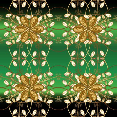 Kusursuz altın desenli bukleler. Doğu tarzı arabesk. Parlak dantel, stilize çiçekler, şal desenli. Hassas altın deseni açın. Hoş renklerde, altın elementlerle kusursuz desen. Raster illüstrasyonu.