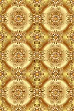 Altın antika ortaçağ dekoratifi, yaprakları ve bej, sarı ve kahverengi renklerde altın desenli süslemeleri olan dikişsiz bir şablon. Kusursuz kraliyet lüksü, altın barok kumaş rengi..