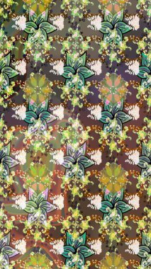 Kahverengi ve nötr renklerde parlak çiçekli halı deseni.