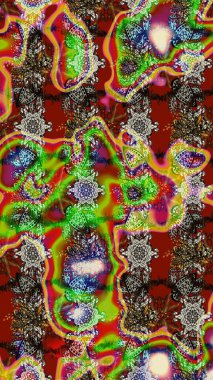 Raster illüstrasyonu. Suluboya çiçekli çiçek deseni. Yeşil ve kırmızı renkli Asyalı tekstil.