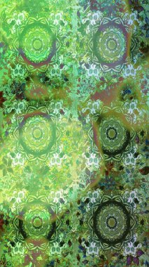 Raster illüstrasyonu. Raster illüstrasyonu. Çiçek desenli çizim. Yeşil ve nötr renklerde çiçekler. Asya tekstil tarzında.